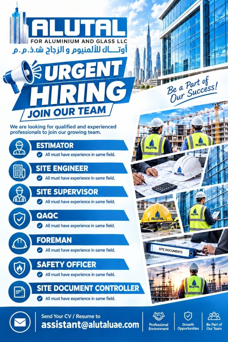 Alutal For Aluminium And Glass LLC Hiring Multiple Positions - Flyer