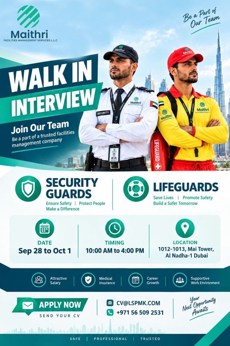 📍 Walk-In Interview - Maithri Facilities Management Hiring Security Guards and Lifeguards – Dubai - Walk-In Interview Flyer