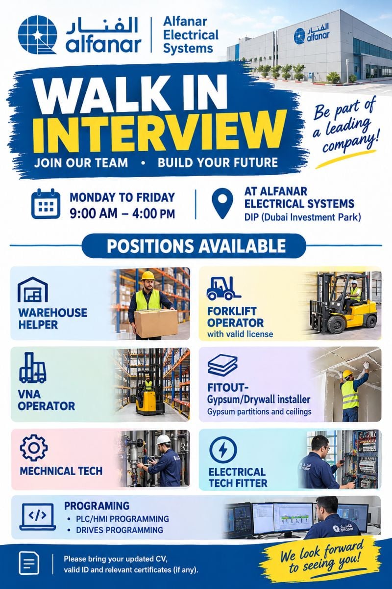 📍 Walk-In Interview - Alfanar Electrical Systems Hiring Multiple Positions – Dubai - Walk-In Interview Flyer