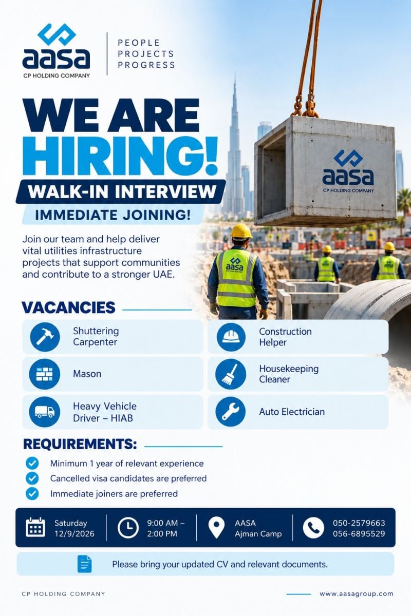 π Walk-In Interview - AASA Hiring Multiple Construction Positions β Ajman - Walk-In Interview Flyer