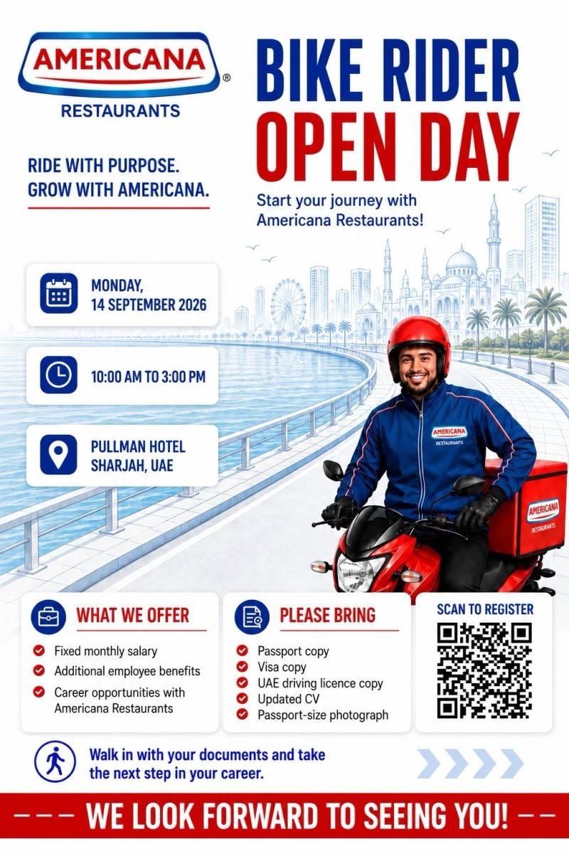 📍 Walk-In Interview - Americana Restaurants Hiring Bike Riders – Sharjah - Walk-In Interview Flyer