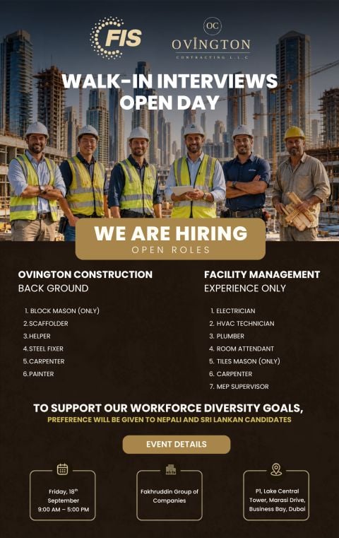π Walk-In Interview - Ovington Contracting and FIS Hiring Construction and Facility Management Staff β Dubai - Walk-In Interview Flyer