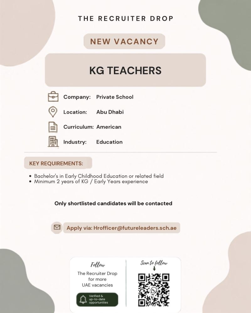 KG Teacher Vacancy in Abu Dhabi - Flyer