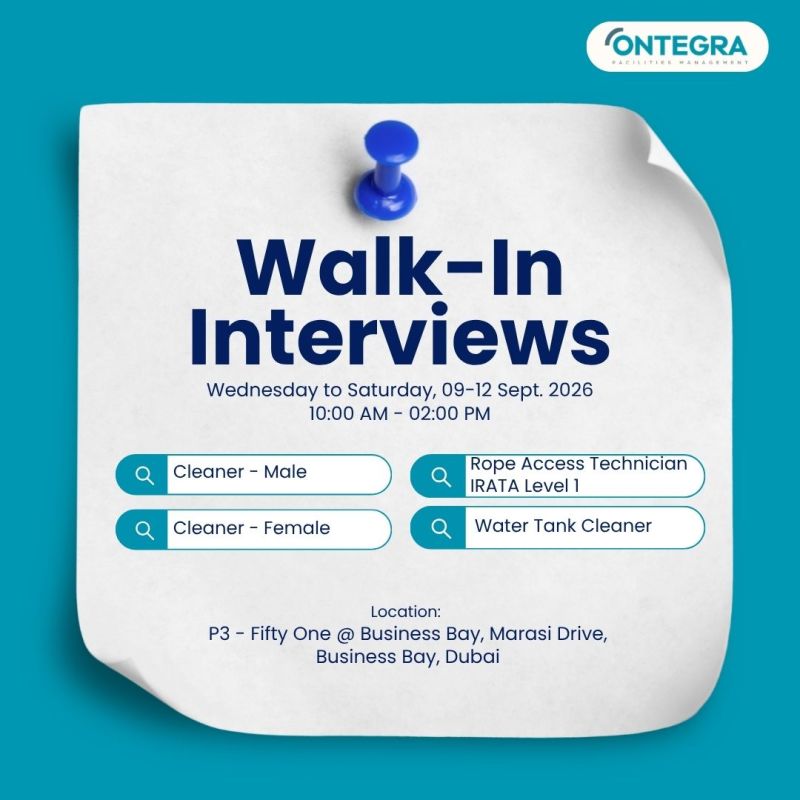 📍 Walk-In Interview - Contegra Facilities Management Hiring Cleaners – Dubai - Walk-In Interview Flyer