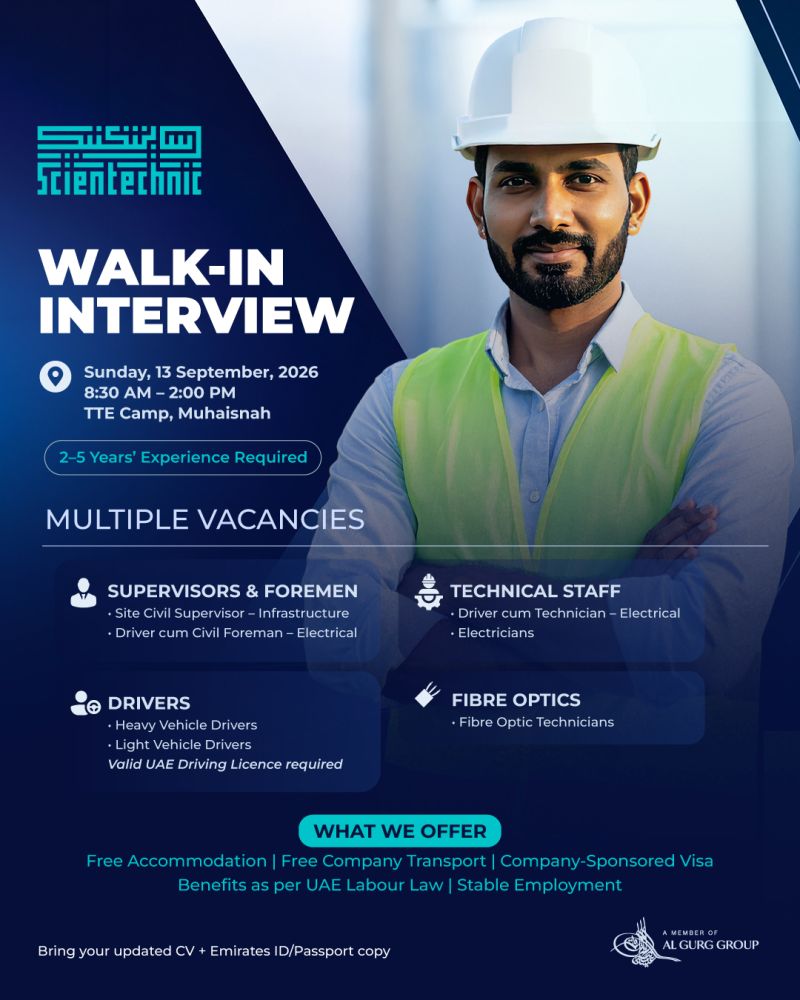📍 Walk-In Interview - Scientechnic Hiring Technicians and Supervisors – Dubai - Walk-In Interview Flyer