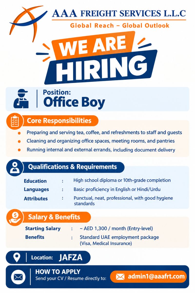 Office Boy job at AAA Freight Services L.L.C in JAFZA
