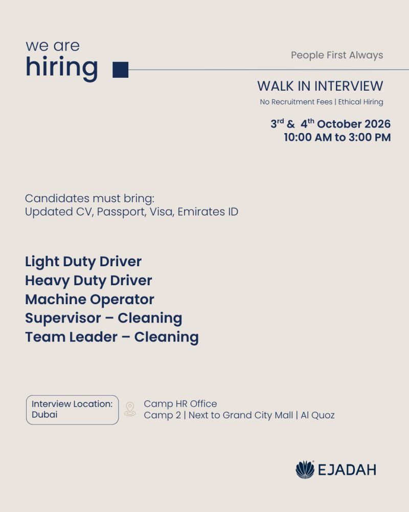 π Walk-In Interview - Ejadah Hiring Light Duty Driver β Dubai - Walk-In Interview Flyer