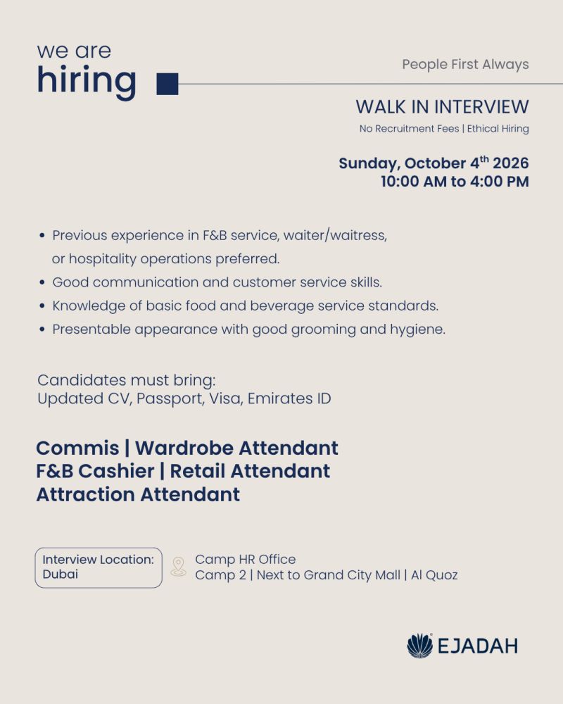 📍 Walk-In Interview - Ejadah Hiring Commis – Dubai - Walk-In Interview Flyer