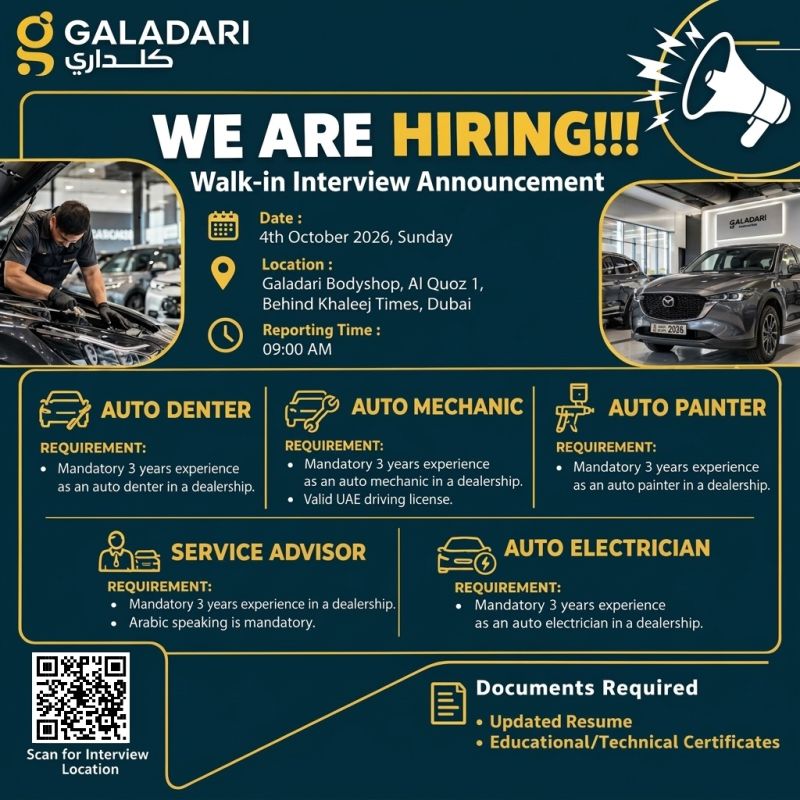 π Walk-In Interview - Galadari Hiring Auto Mechanics, Painters and Denters β Dubai - Walk-In Interview Flyer