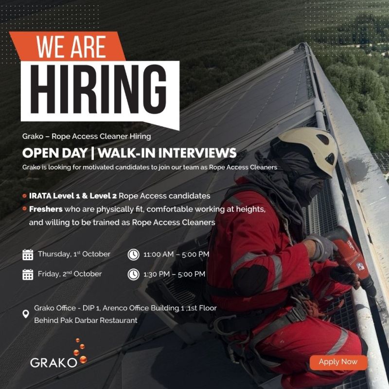 π Walk-In Interview - Grako Hiring Rope Access Cleaners β Dubai - Walk-In Interview Flyer