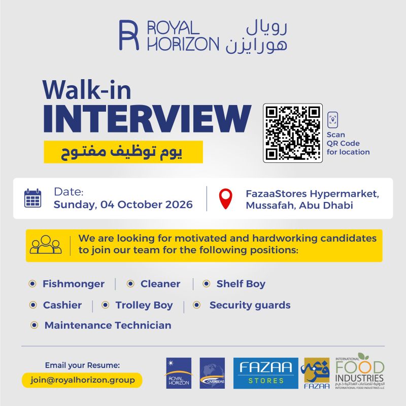 π Walk-In Interview - Royal Horizon Hiring Multiple Positions β Abu Dhabi - Walk-In Interview Flyer
