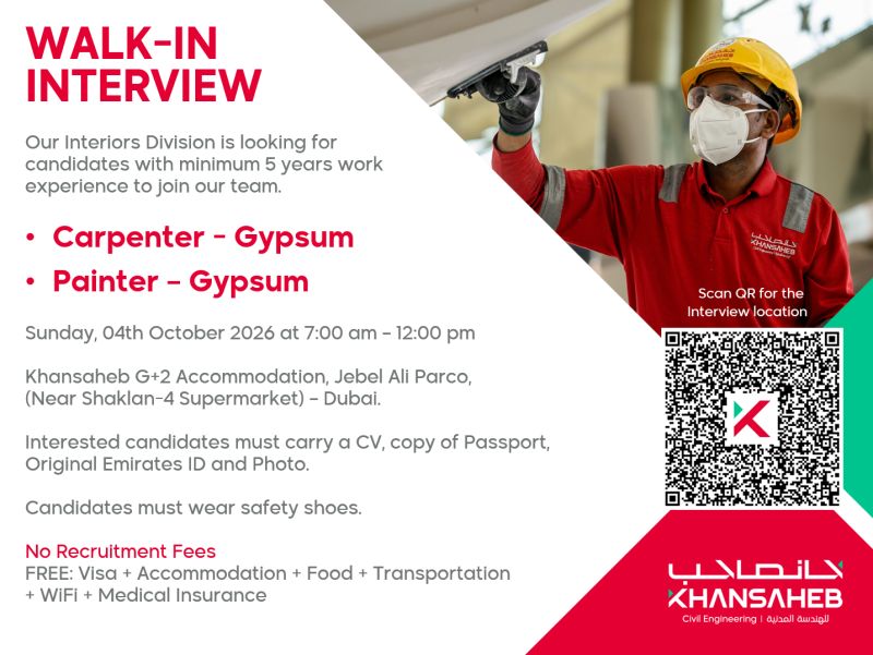 π Walk-In Interview - Khansaheb Hiring Gypsum Carpenter and Painter β Dubai - Walk-In Interview Flyer