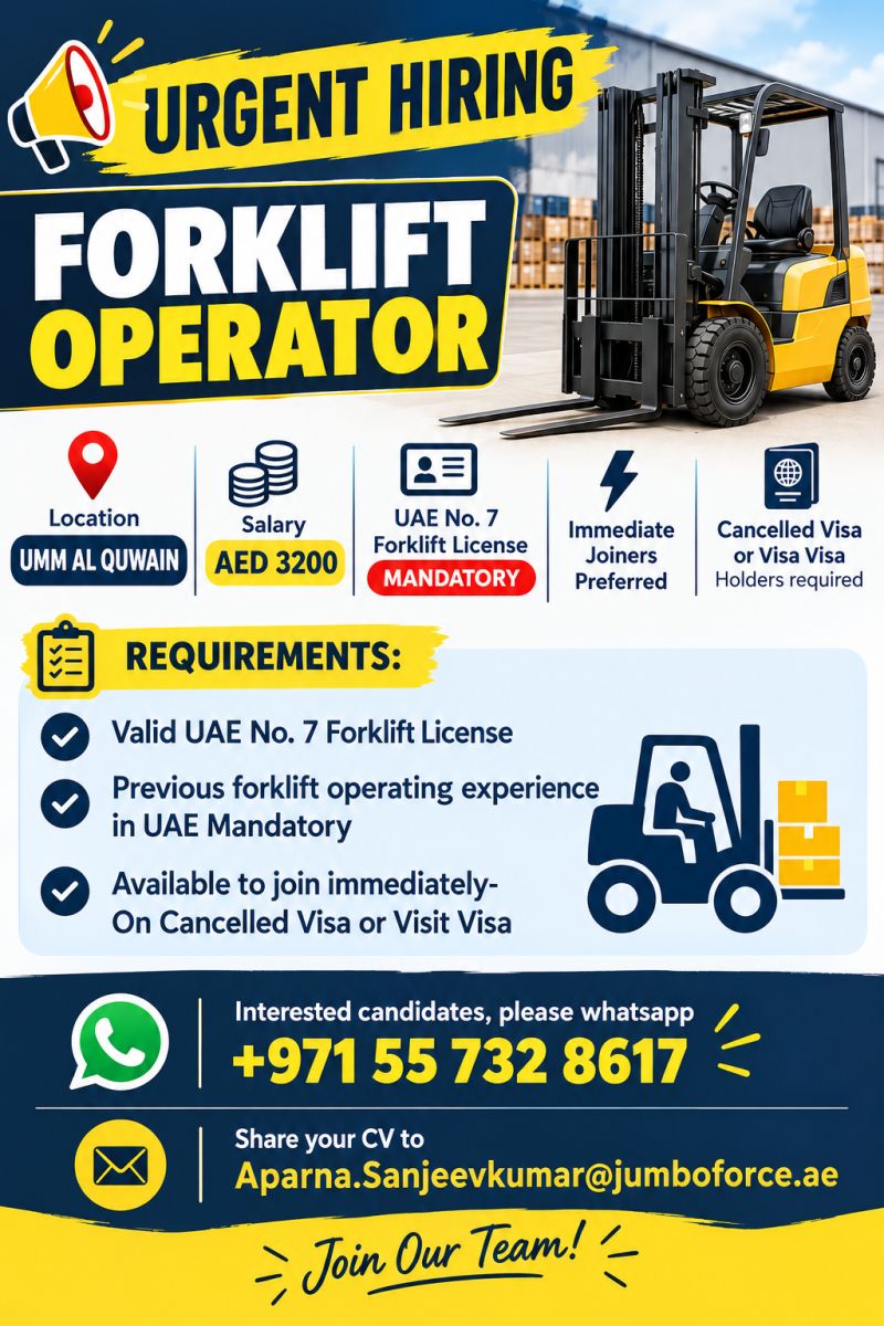 Forklift Operator job at Jumboforce in Umm Al Quwain