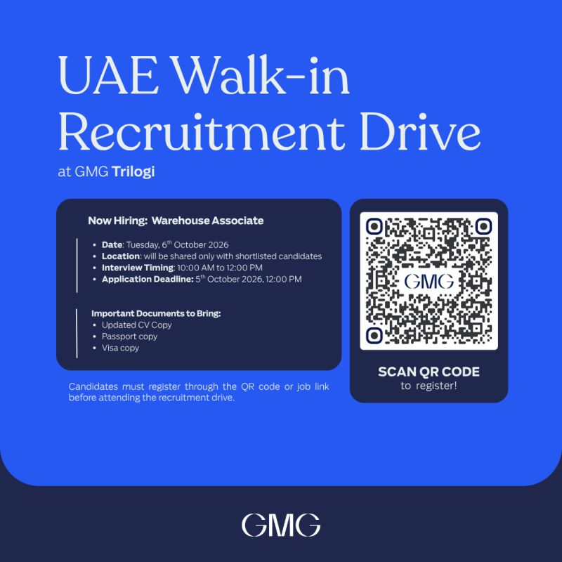 📍 Walk-In Interview - GMG Trilogi Hiring Warehouse Associates – UAE - Walk-In Interview Flyer