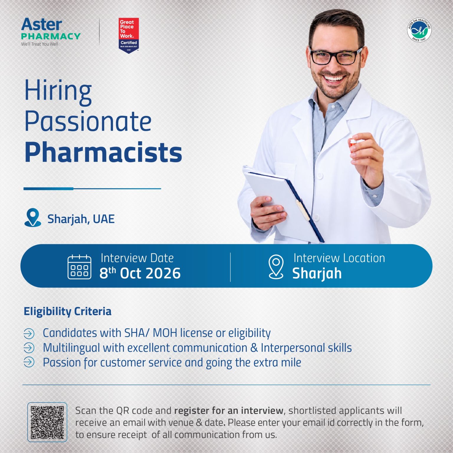 π Walk-In Interview - Aster Pharmacy Hiring Pharmacists in Sharjah - Walk-In Interview Flyer