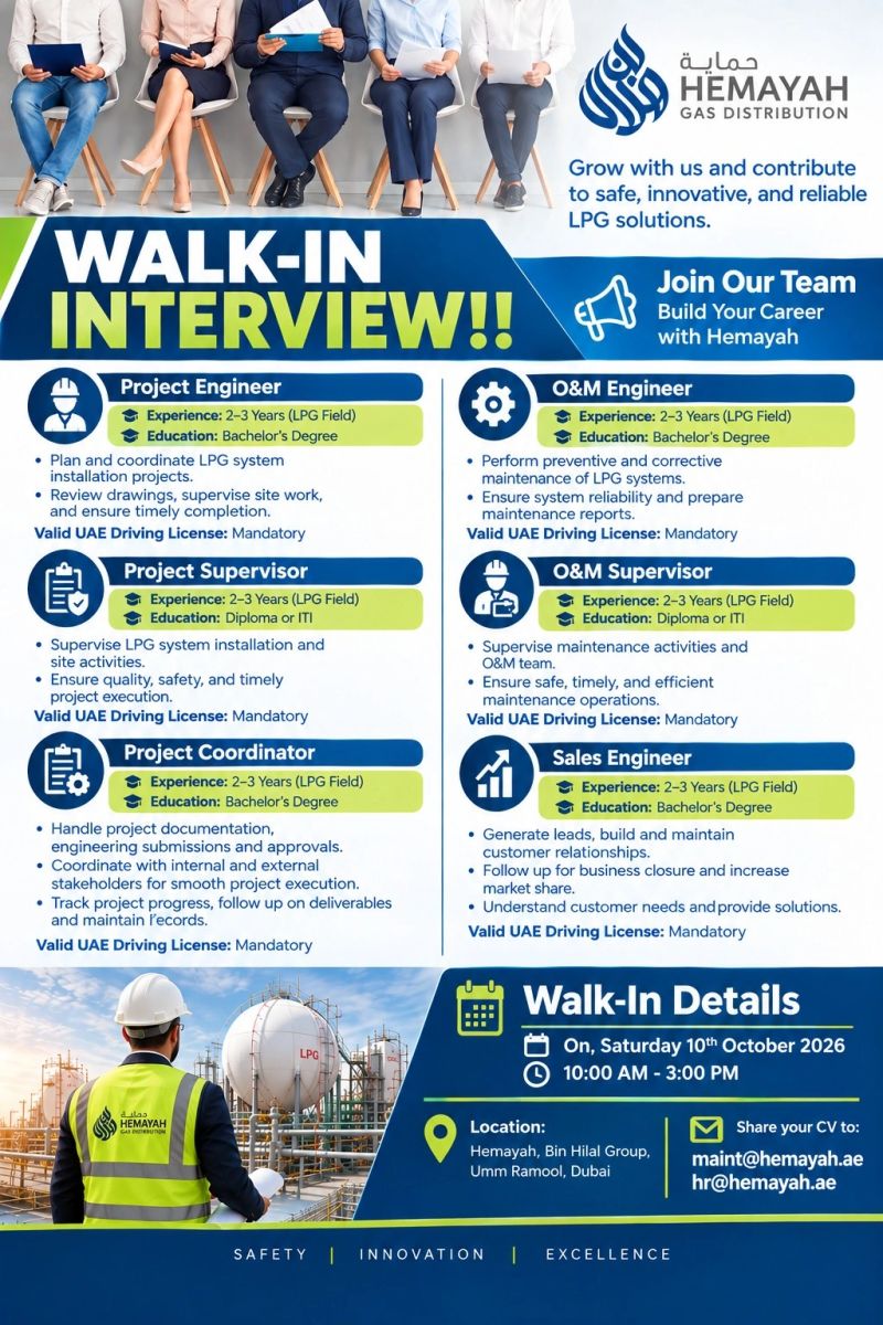 π Walk-In Interview - Hemayah Gas Distribution Walk In Interview in Dubai - Walk-In Interview Flyer