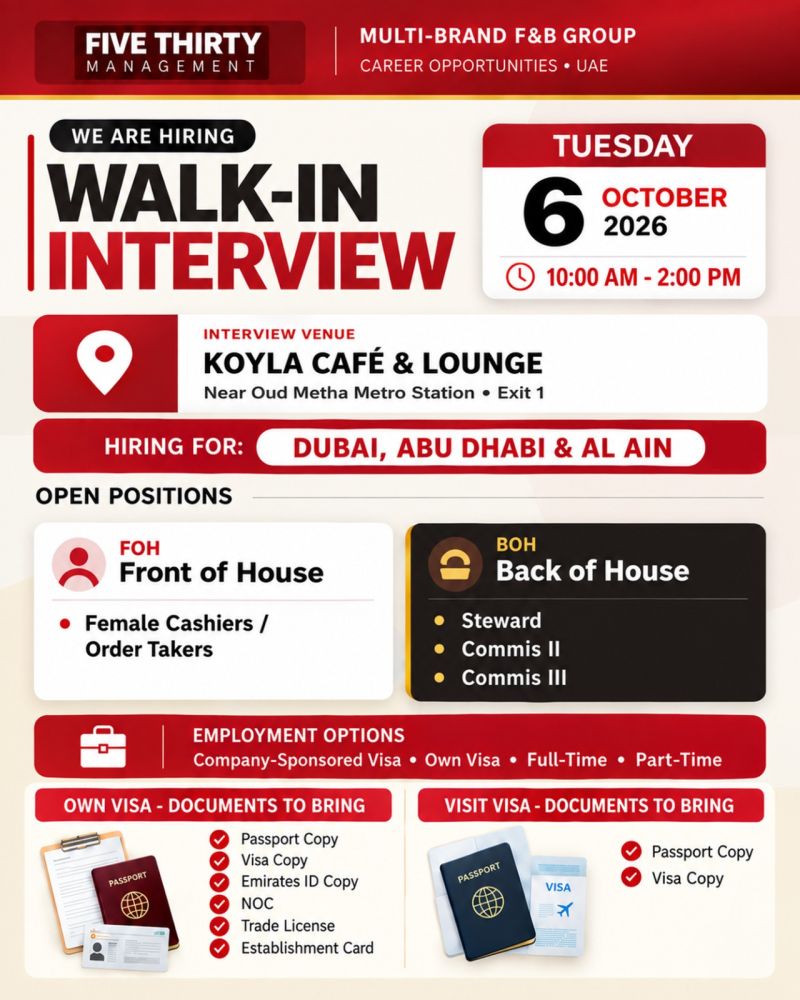 ๐ Walk-In Interview - Five Thirty Management Hiring Walk-In Interview โ Dubai, Abu Dhabi & Al Ain - Walk-In Interview Flyer