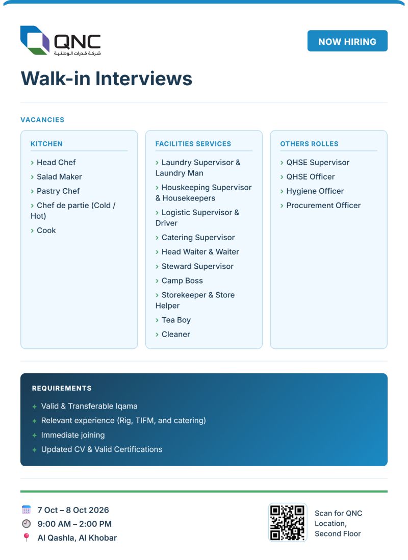 📍 Walk-In Interview - QNC Hiring Kitchen and Facility Staff – Al Khobar - Walk-In Interview Flyer