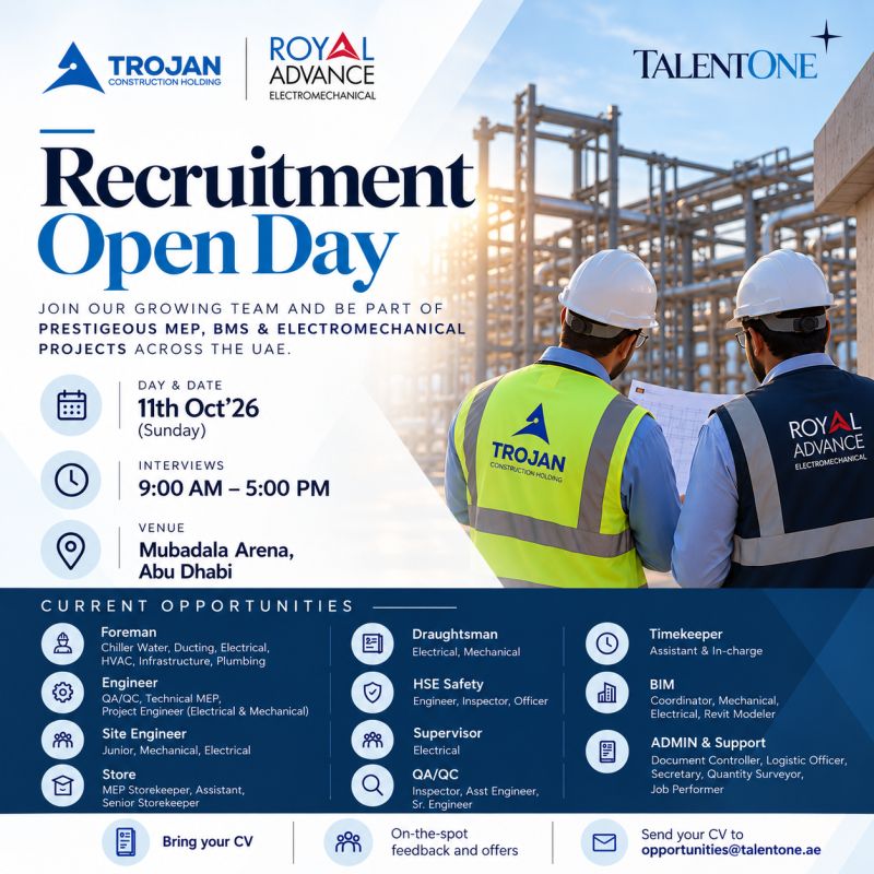 📍 Walk-In Interview - Trojan Construction Holding & Royal Advance Recruitment Open Day – Abu Dhabi - Walk-In Interview Flyer
