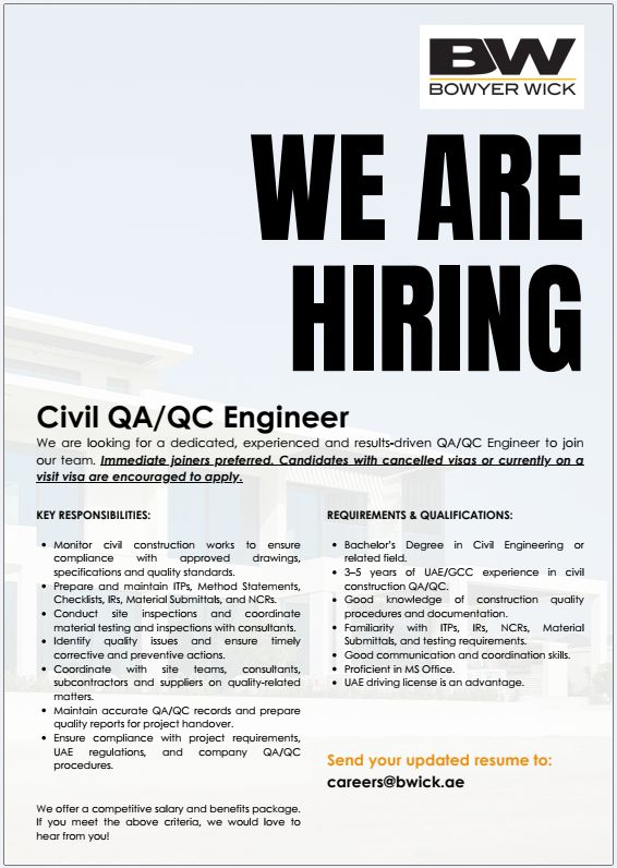 Civil QA/QC Engineer job at Bowyer Wick in UAE