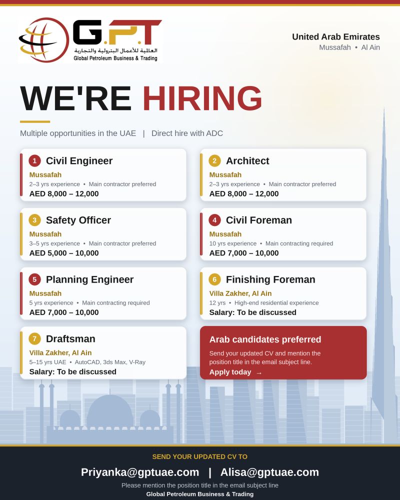 Global Petroleum Business & Trading Hiring Civil Engineers, Architect & More – Mussafah, Al Ain - Flyer