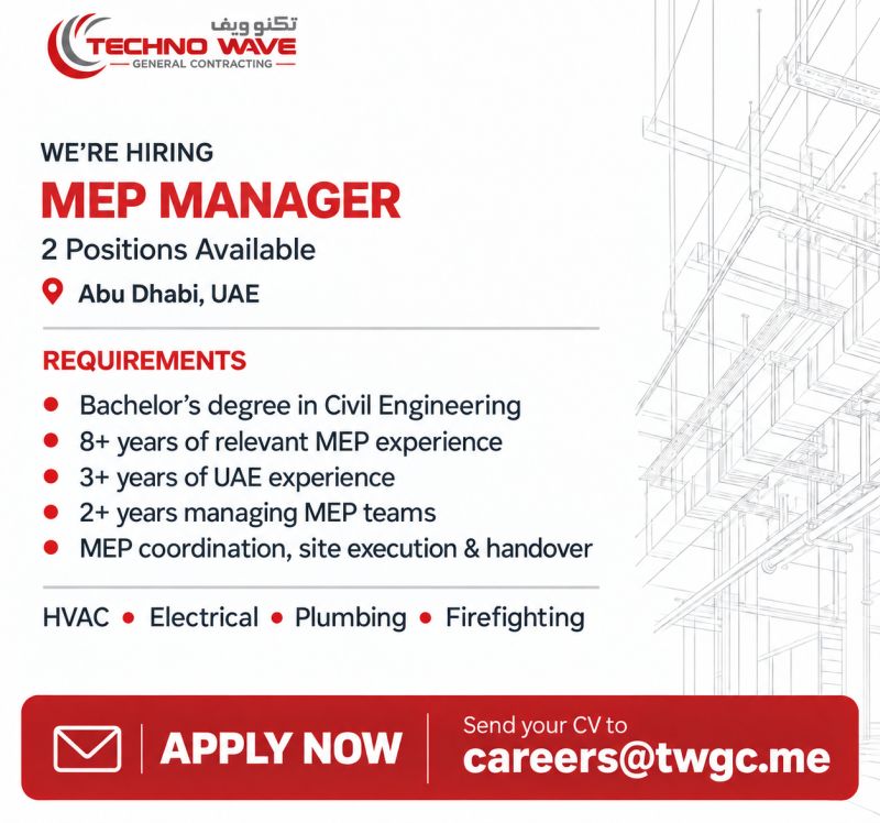 Techno Wave General Contracting Hiring MEP Managers – Abu Dhabi - Flyer