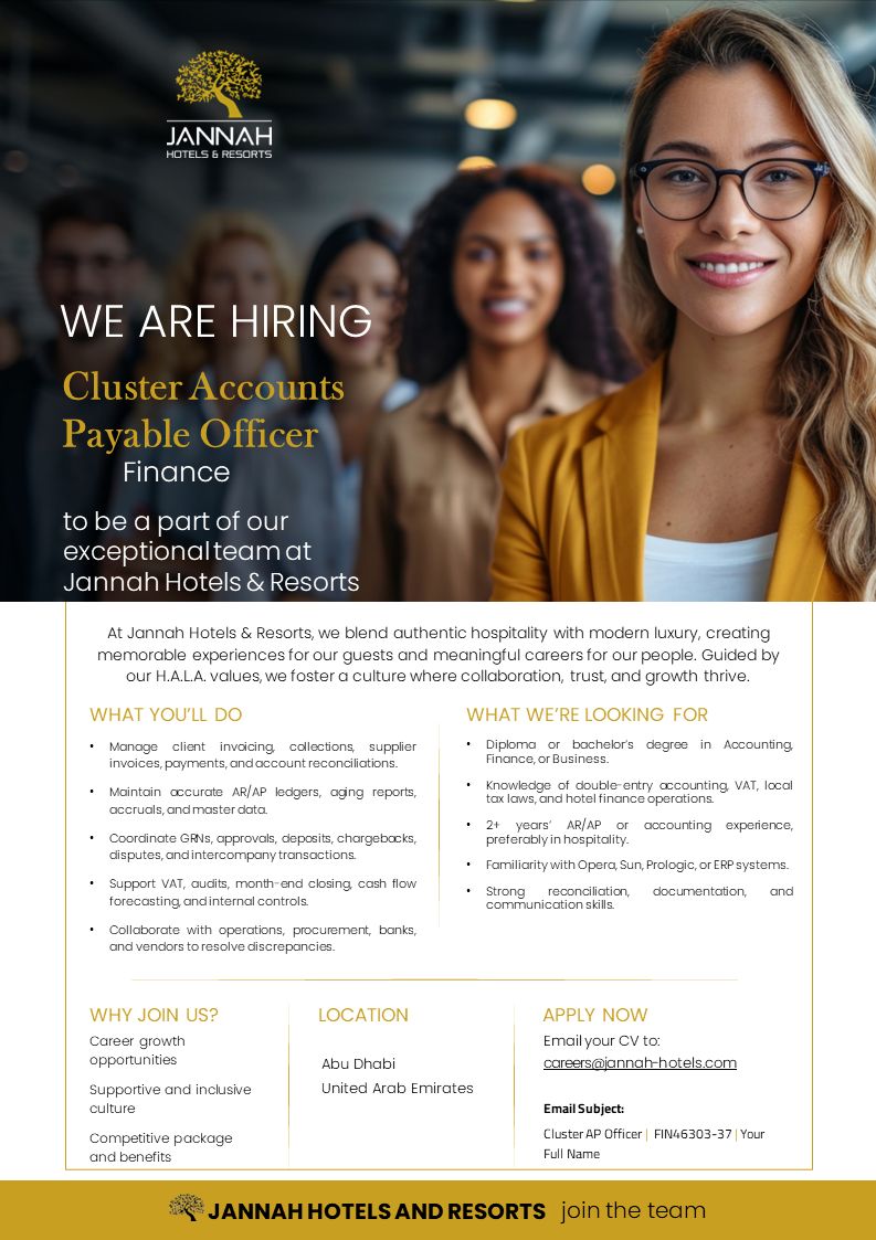 Jannah Hotels & Resorts Hiring Cluster Accounts Payable Officers – Abu Dhabi - Flyer