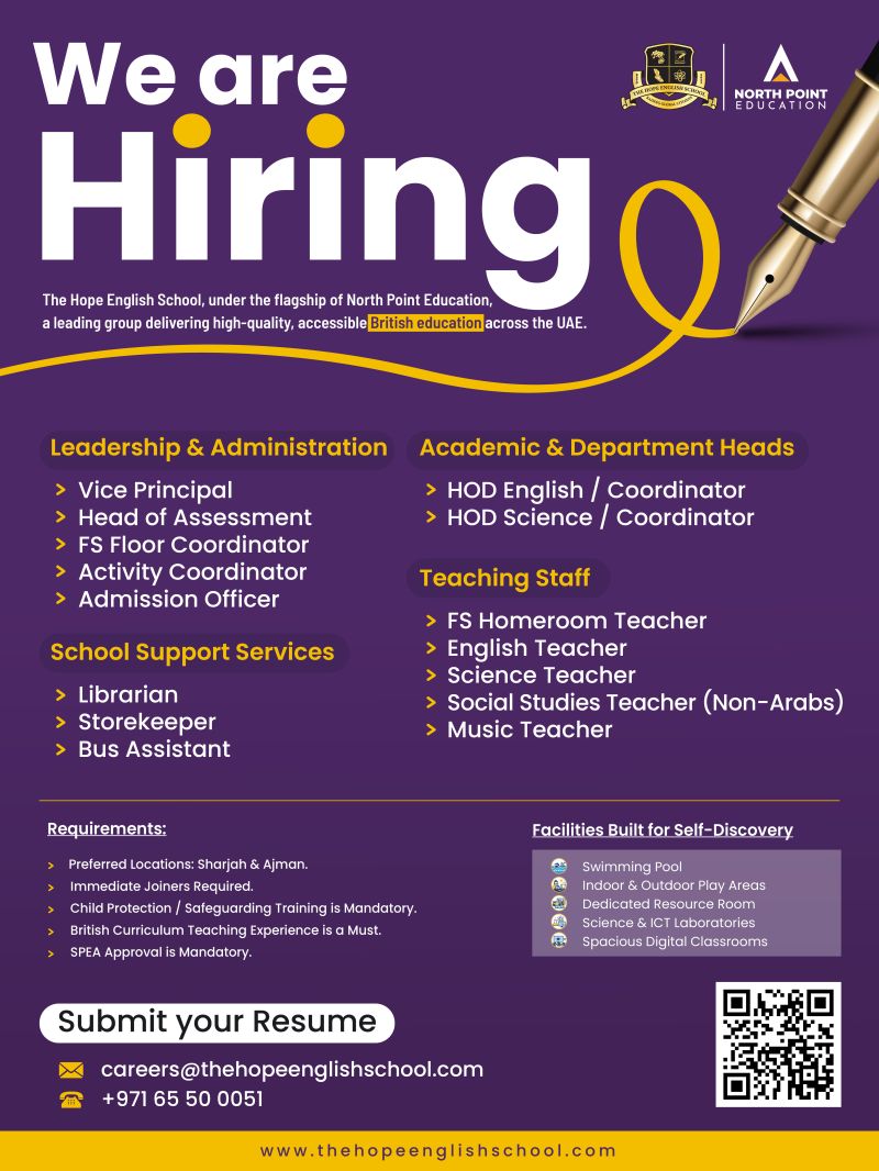 The Hope English School Hiring Vice Principal, Head of Assessment & More β Sharjah - Flyer