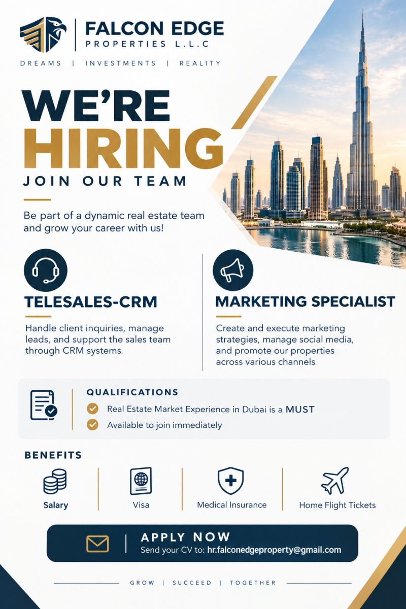 Falcon Edge Properties Hiring Telesales-CRM & Marketing Specialist – Dubai - Flyer
