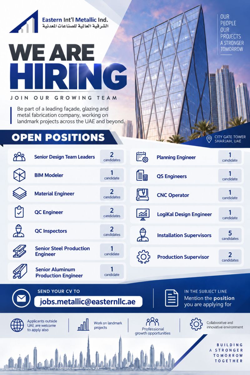 Eastern Int'l Metallic Ind. Hiring Senior Design Team Leaders & More – Sharjah - Flyer