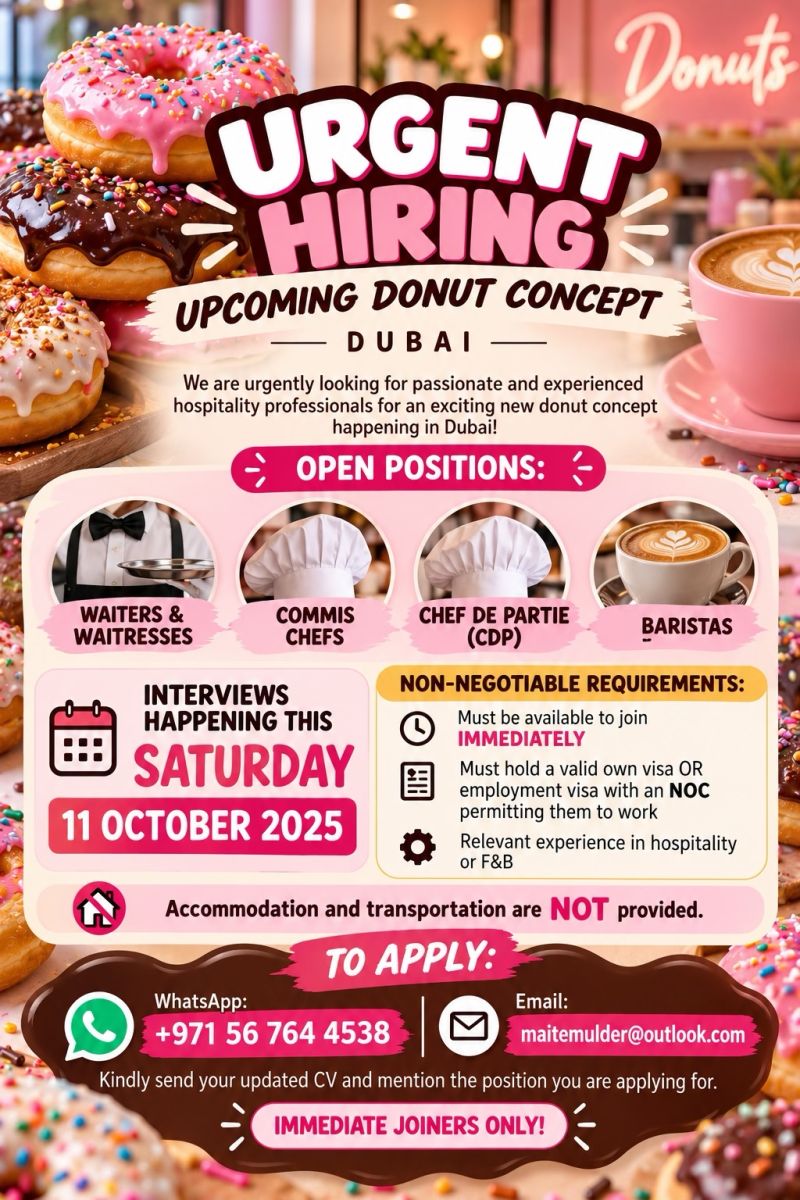 Upcoming Donut Concept Hiring Waiters & Waitresses, Commis Chefs & More β Dubai - Flyer