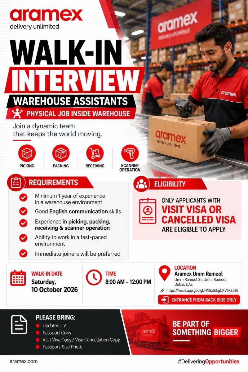 Walk-In Interview - Aramex Hiring Warehouse Assistants – Dubai - Walk-In Interview Flyer