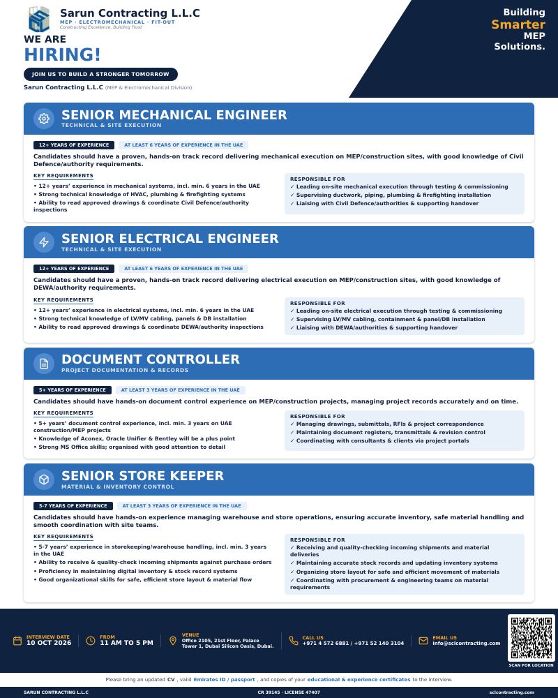 Walk-In Interview - Sarun Contracting Hiring Senior Mechanical Engineer, Senior Electrical Engineer & More – Dubai - Walk-In Interview Flyer
