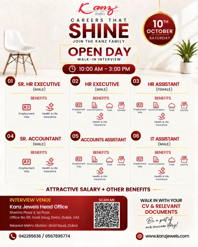 Walk-In Interview - Kanz Jewels Hiring SR. HR Executive, HR Executive & More – Dubai - Walk-In Interview Flyer