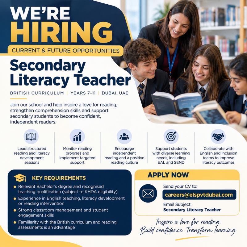 Secondary Literacy Teacher Vacancy in Dubai - Flyer