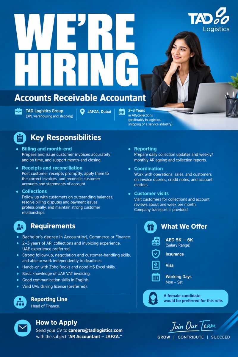 TAD Logistics Group Hiring Accounts Receivable Accountant β JAFZA, Dubai - Flyer