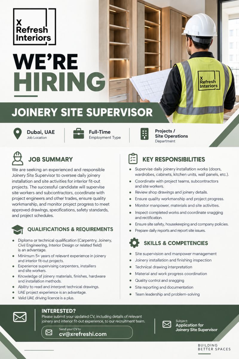 Refresh Interiors Hiring Joinery Site Supervisor – Dubai, UAE - Flyer
