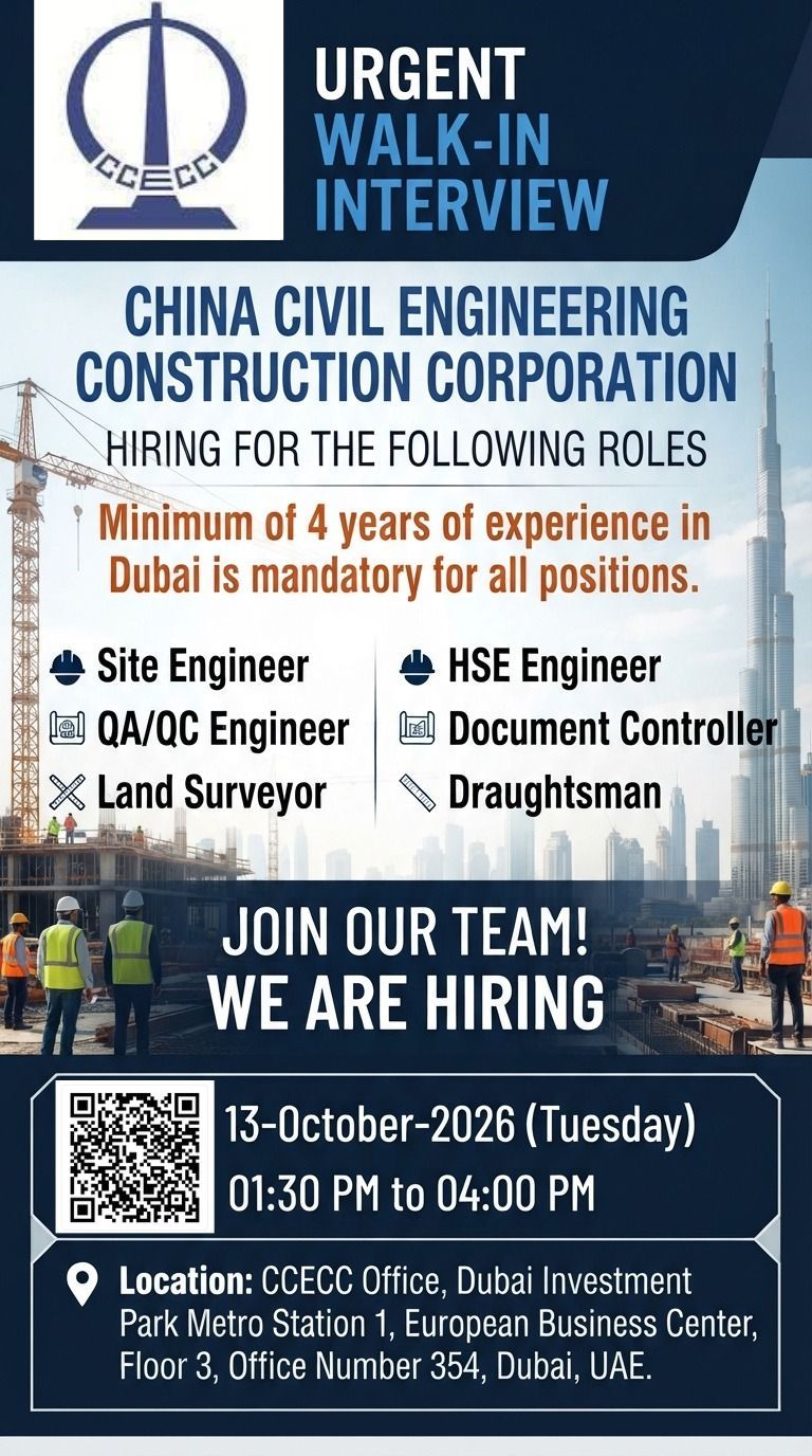 Site Engineer walk-in interview at China Civil Engineering Construction Corporation in Dubai