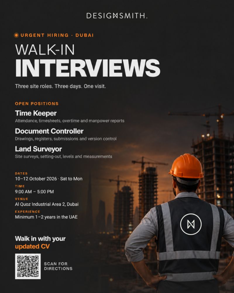 Walk-In Interview - Designsmith Hiring Time Keeper, Document Controller & Land Surveyor – Al Quoz Industrial Area 2, Dubai - Walk-In Interview Flyer