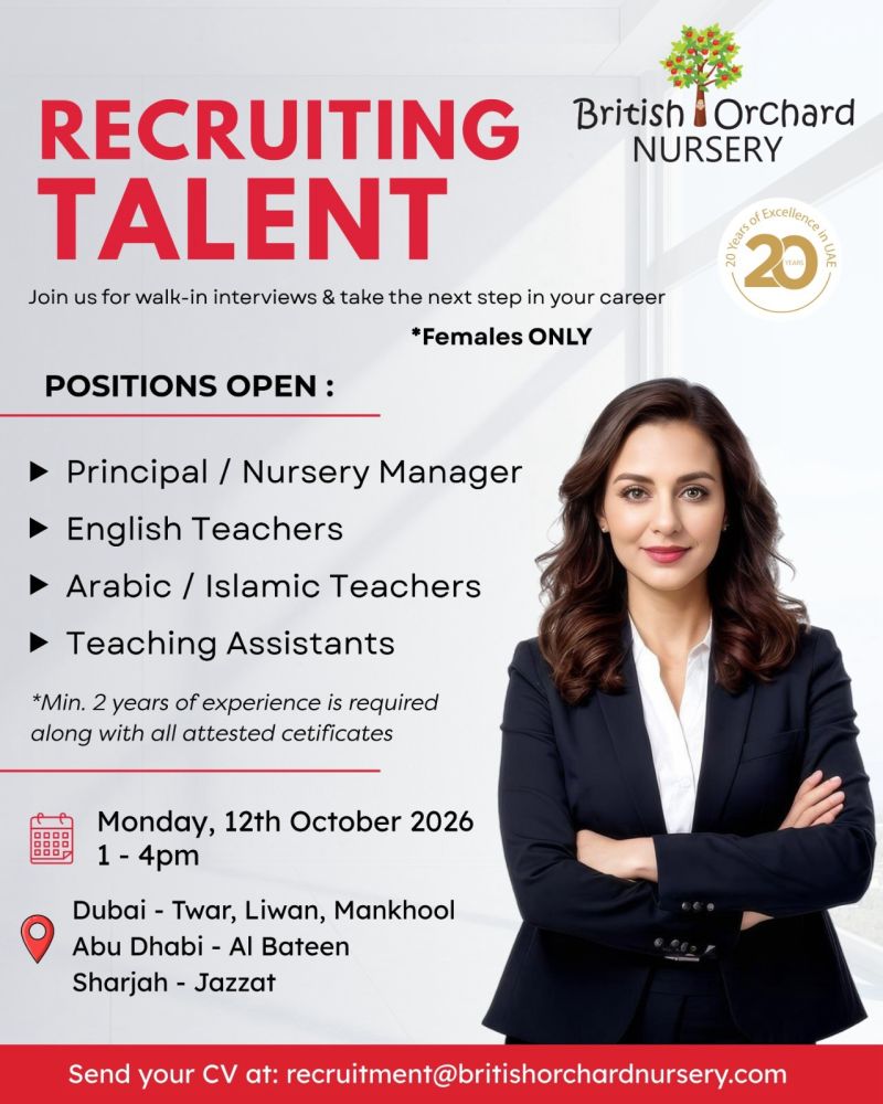 Teachers and Managers walk-in interview at British Orchard Nursery in Dubai, Abu Dhabi, Sharjah