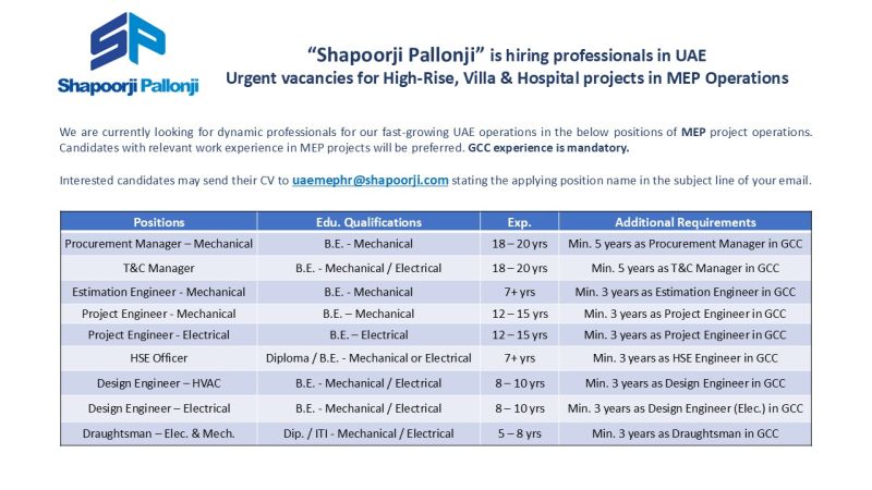 MEP Professionals job at Shapoorji Pallonji in UAE