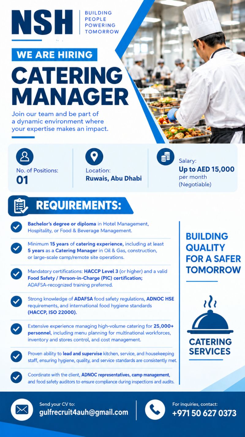Catering Manager job at NSH in Ruwais, Abu Dhabi