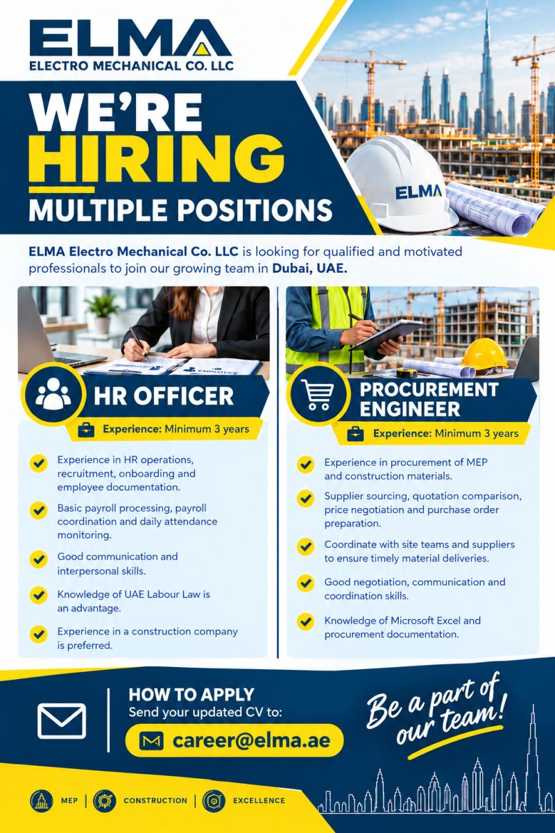 HR Officer job at ELMA Electro Mechanical Co. LLC in Dubai