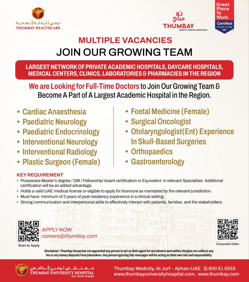 Full-Time Doctors job at Thumbay Healthcare in Ajman