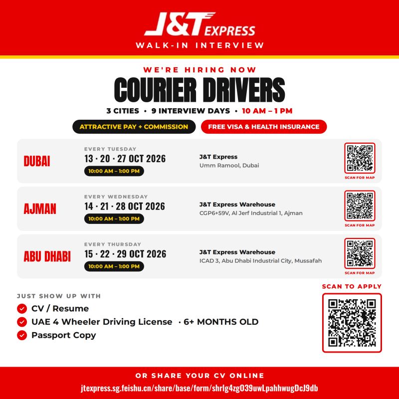 Courier Driver walk-in interview at J&T Express in Dubai, Ajman, Abu Dhabi