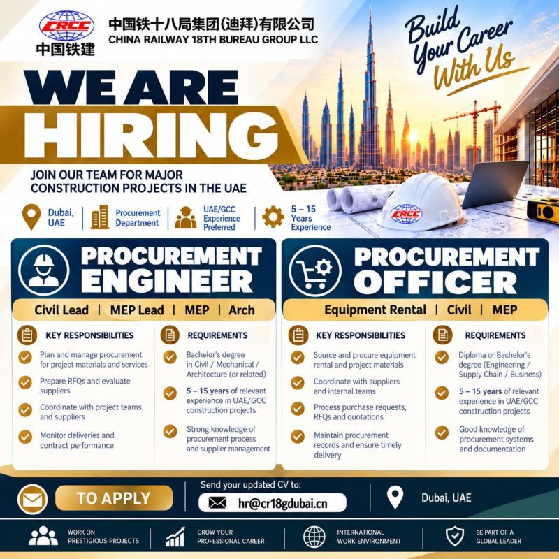 Procurement Engineer job at China Railway 18th Bureau Group LLC in Dubai