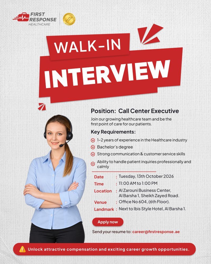 Recruitment poster for First Response Call Centre Walk-In Dubai | 13 Oct 2026