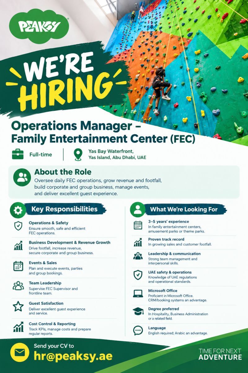 Operations Manager job at Peaksy in Yas Island, Abu Dhabi, UAE