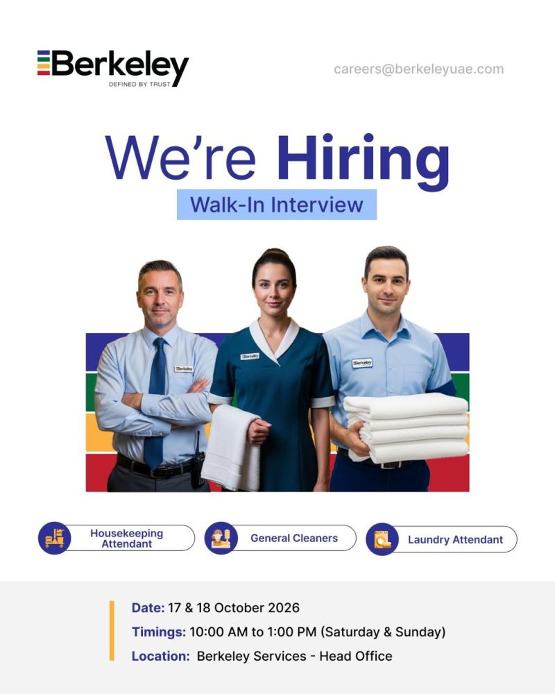 Recruitment poster for Berkeley Cleaning Walk-In Dubai | 17–18 October 2026