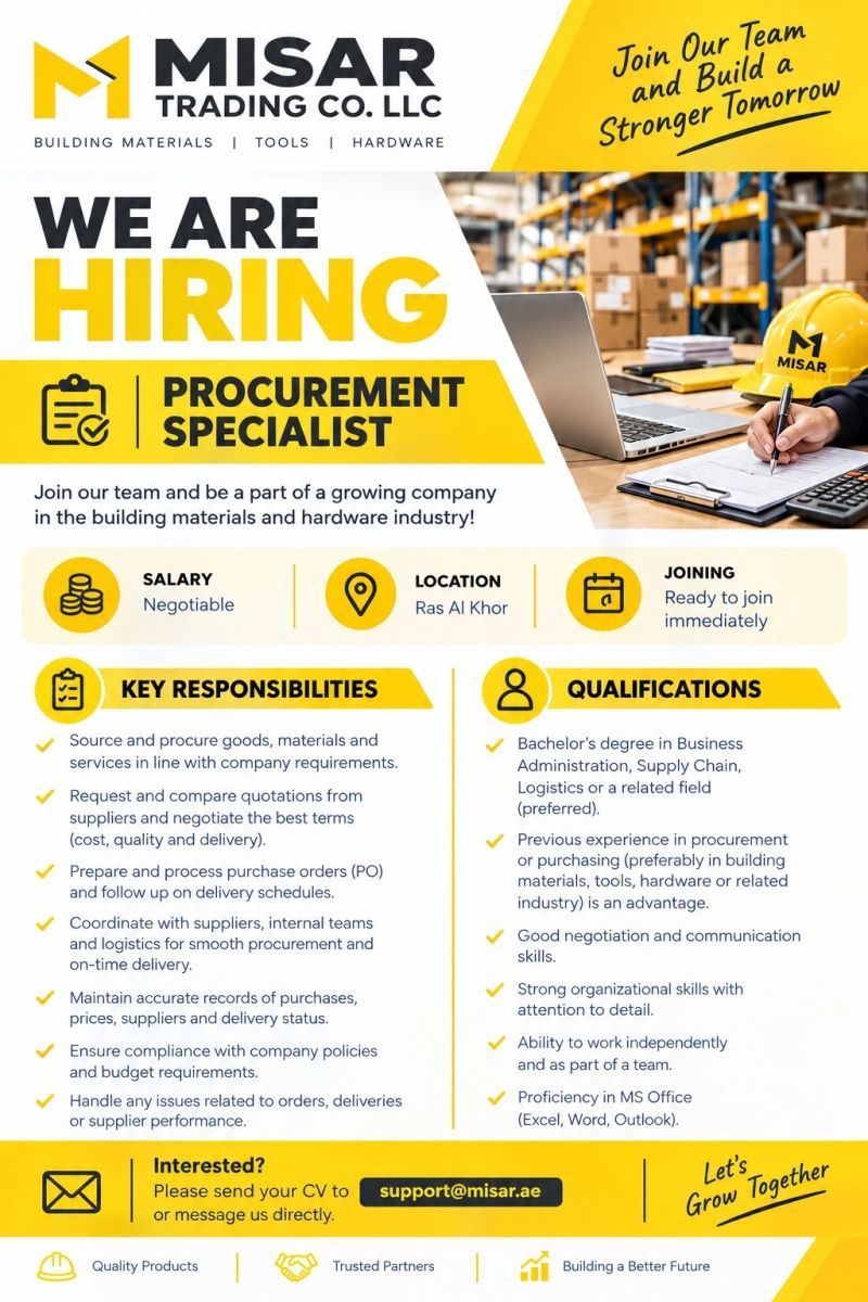 Procurement Specialist job at Misar Trading Co. LLC in Ras Al Khor, Dubai, UAE